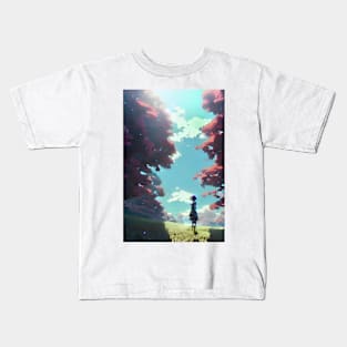 Anime Girl Spring Red Tree Forest Landscape Kids T-Shirt